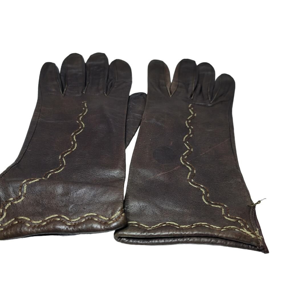 Vintage 1930s Brown Leather Stitched Design Gloves Size 7